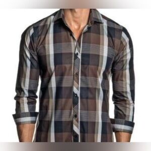 Jared Lang Men's Plaid Shirt - Brown, Black, and White Size M